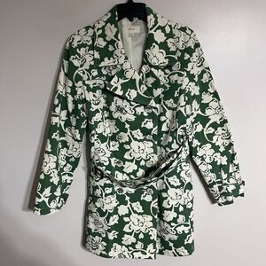 Merona Womens Belted Lined Trench Raincoat Jacket Size XL Green White Floral